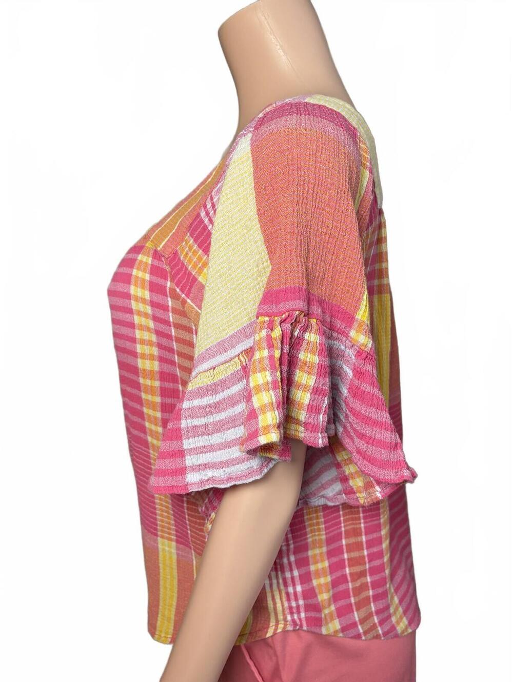 BeachLunchLounge S/P Boho Cottage core Coastal Plaid Top. - Picture 5 of 8